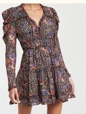 Ulla Johnson Black Multi Floral Smocked Mini Dress size 12